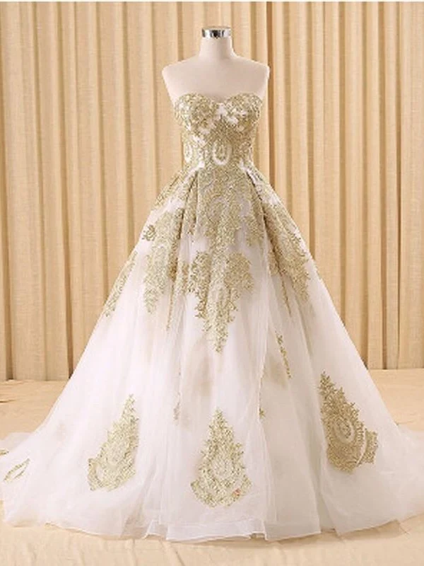 Robe de mariée chic sans bretelles en dentelle dorée, robe de bal
