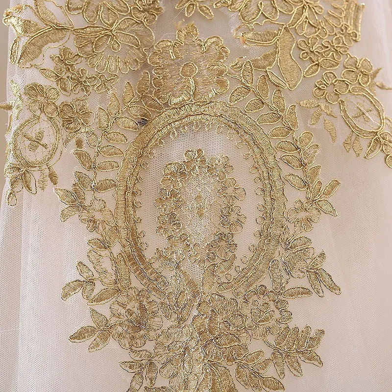 Robe de mariée chic sans bretelles en dentelle dorée, robe de bal