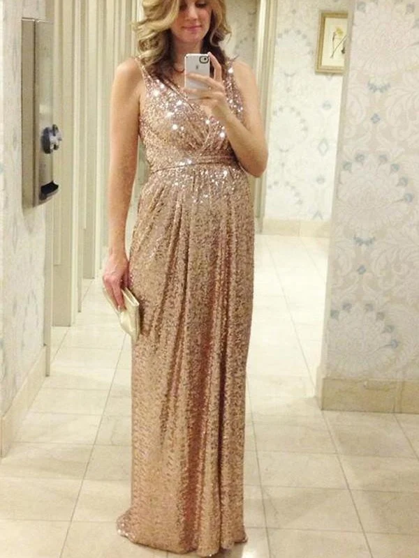 Grossesse Champagne Longues Robes De Demoiselle D'honneur À Paillettes Or Rose