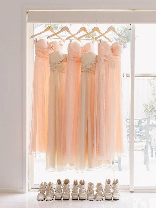 Blush rose bretelles chérie froncé en mousseline de soie a-ligne longues robes de demoiselle d'honneur