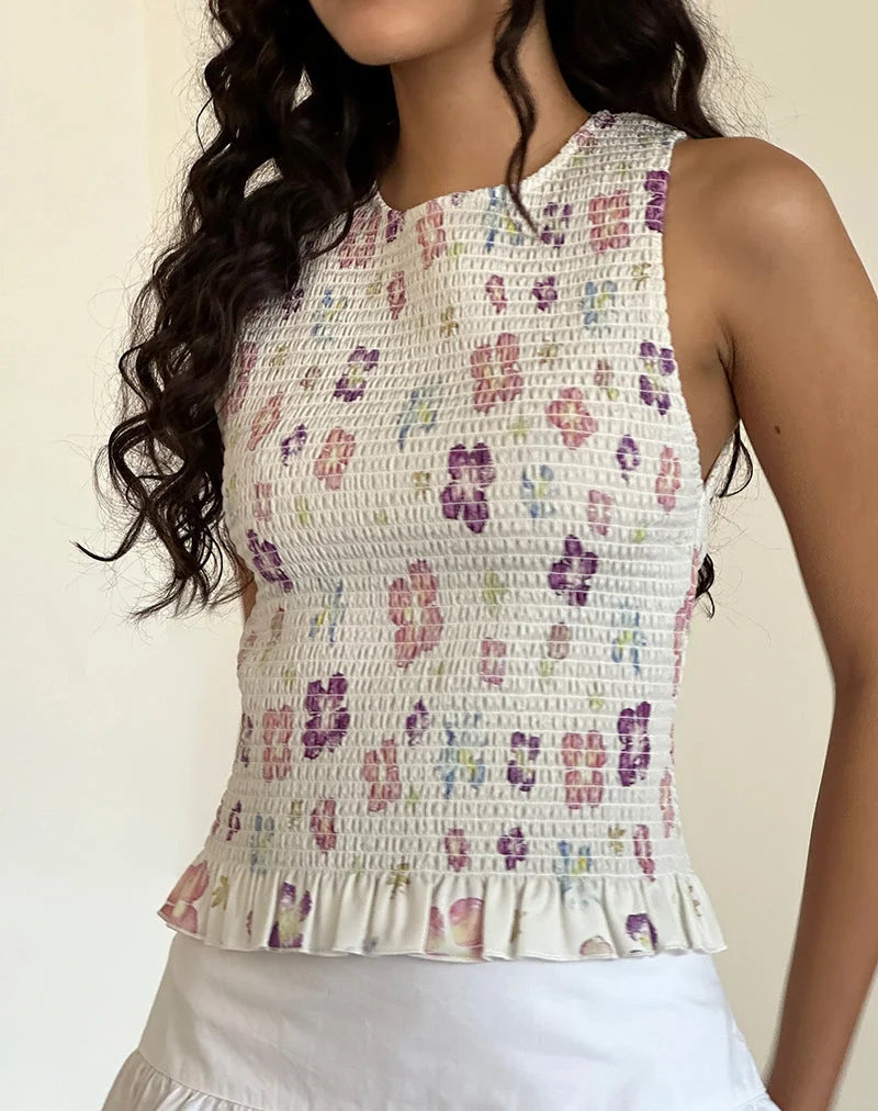 Kagumi Shirred Top in Flower Stamp Purple (Top froncé en violet)