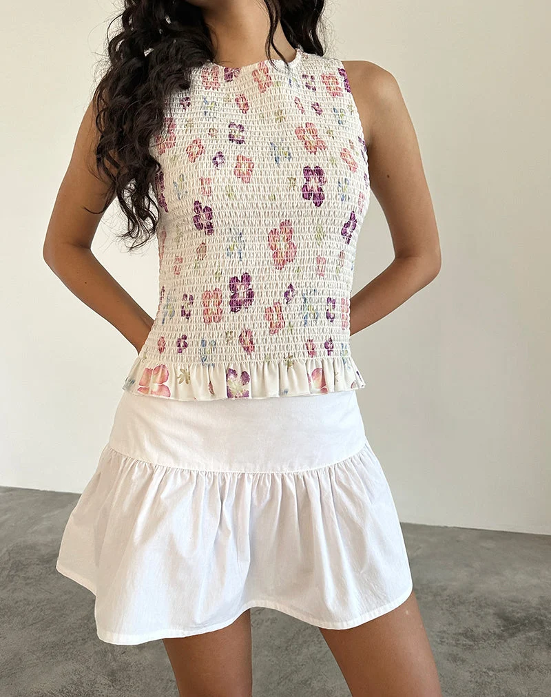 Kagumi Shirred Top in Flower Stamp Purple (Top froncé en violet)