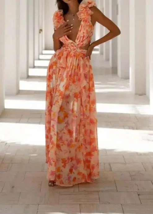 Robe longue fleurie orange