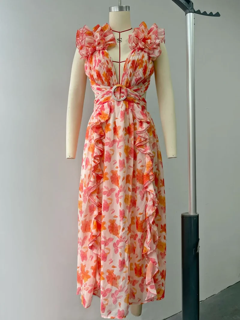 Robe longue fleurie orange