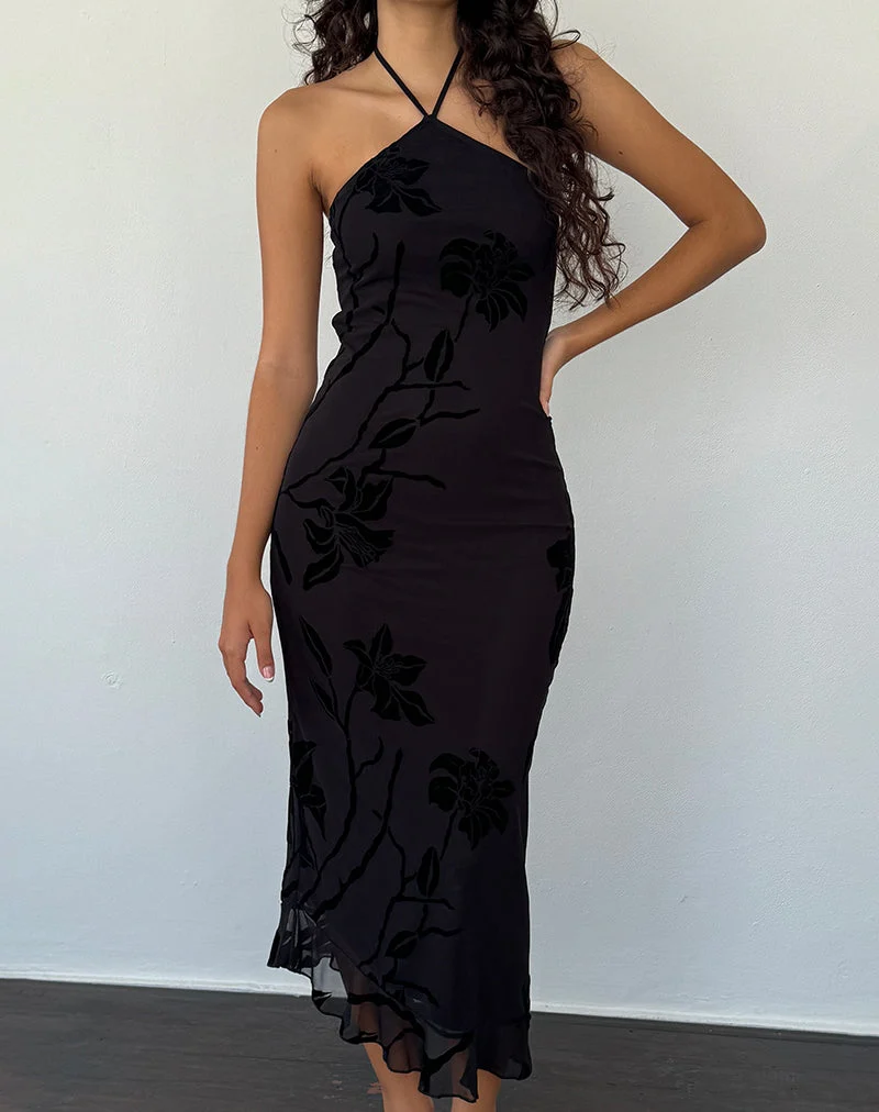 Ribka - Robe midi à encolure dégagée - Orchids Flock - Noir