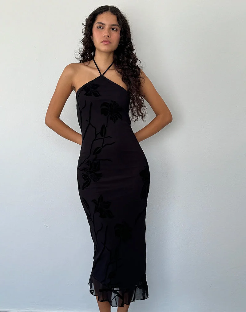 Ribka - Robe midi à encolure dégagée - Orchids Flock - Noir