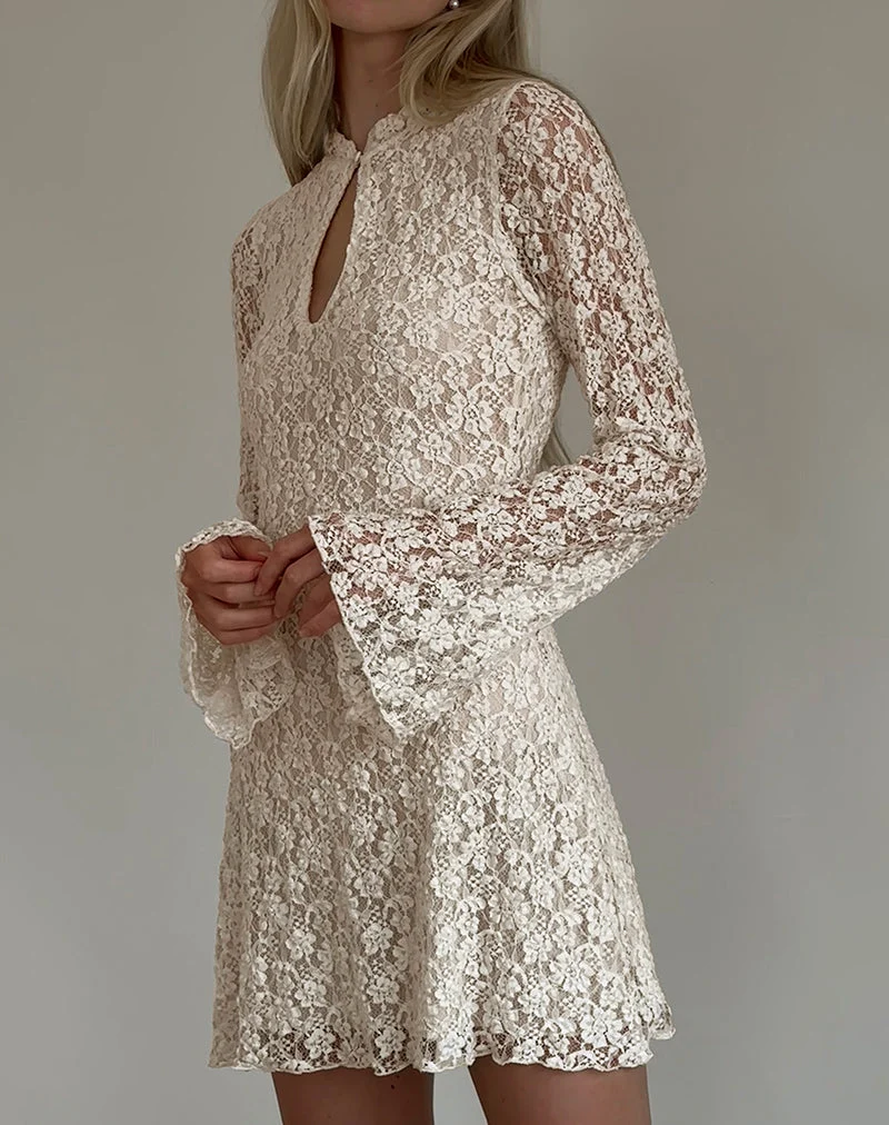 Silvanna Long Sleeve Keyhole Mini Dress in Lace Ivory (Mini robe à manches longues avec trou de serrure en dentelle)
