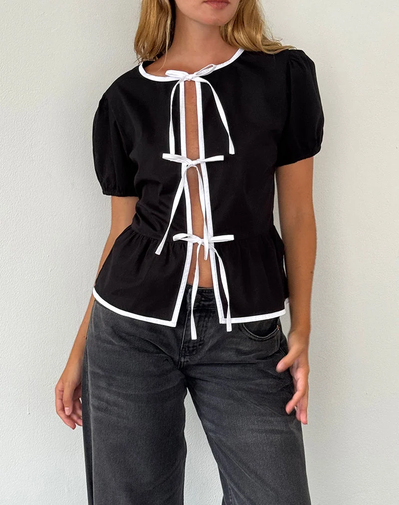 Ryota Tie Front Blouse in Black with White Binding (chemisier à nouer sur le devant)