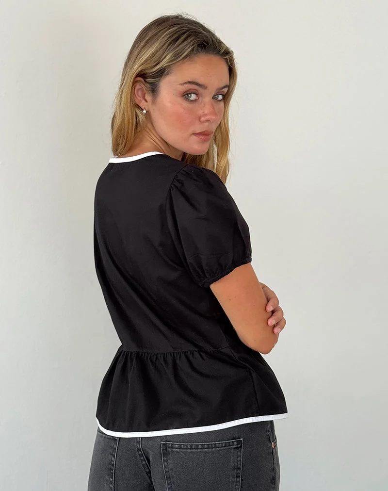 Ryota Tie Front Blouse in Black with White Binding (chemisier à nouer sur le devant)