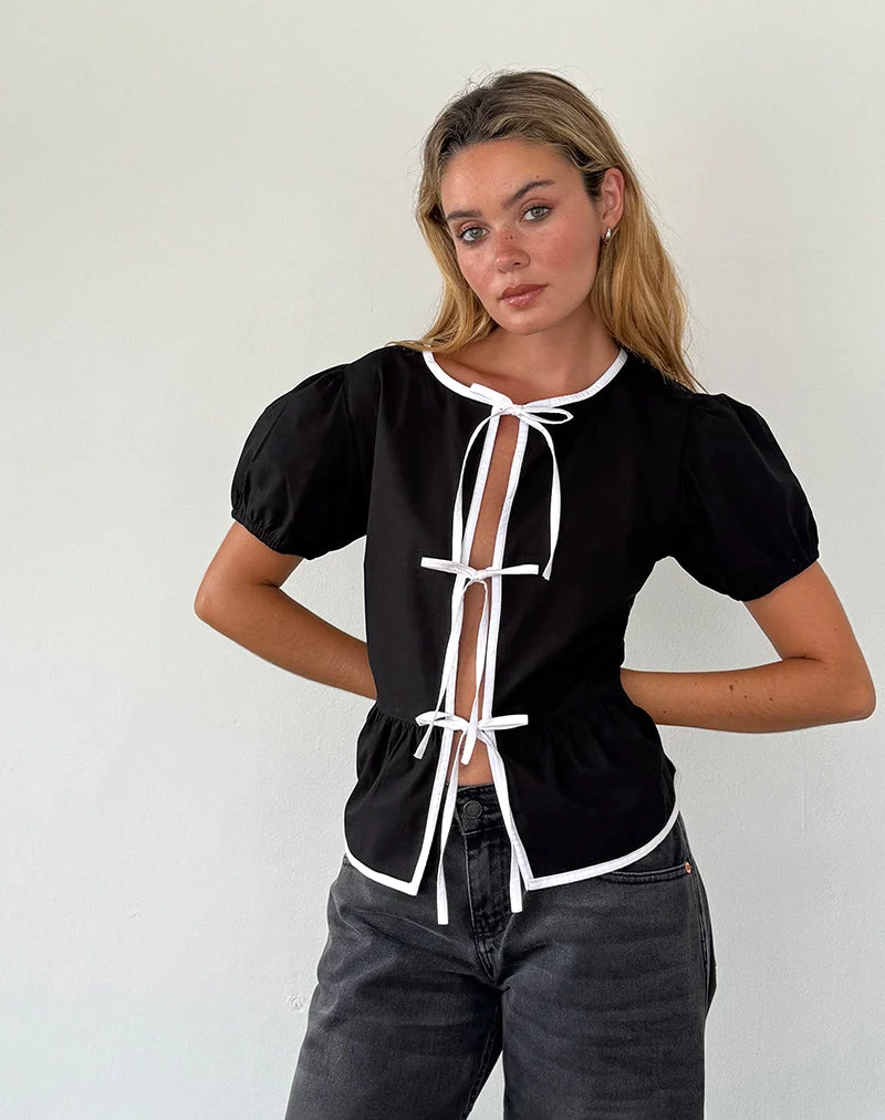 Ryota Tie Front Blouse in Black with White Binding (chemisier à nouer sur le devant)