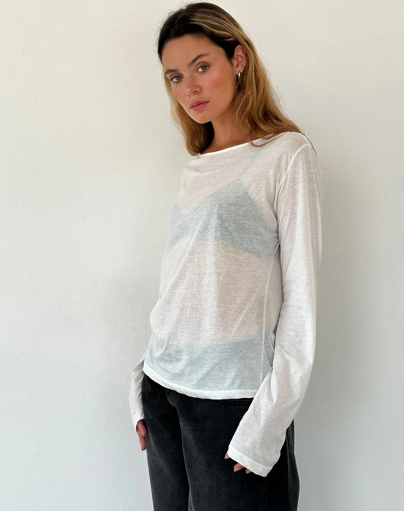 Damon Baggy Long Sleeve Top in White Tissue Jersey