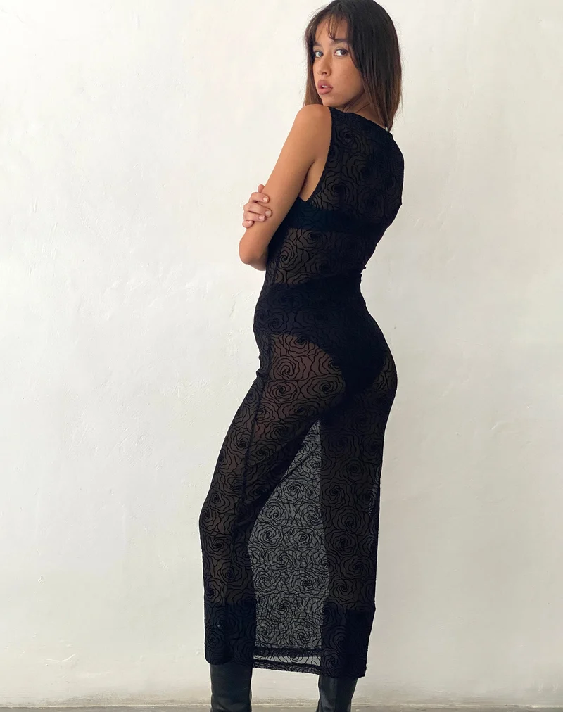 Florian Unlined Midi Dress in Black Abstract Flower Flock (robe midi non doublée en noir)