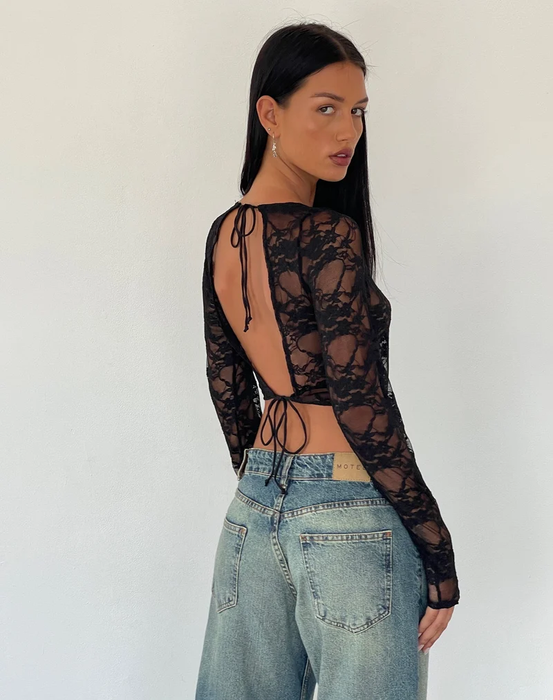 Top à manches longues et dos nu Grizelda en dentelle abstraite noire