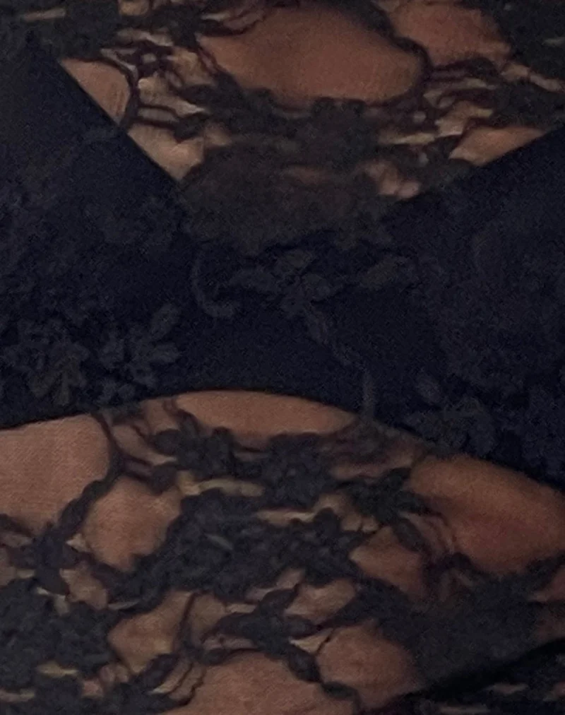 Top à manches longues et dos nu Grizelda en dentelle abstraite noire
