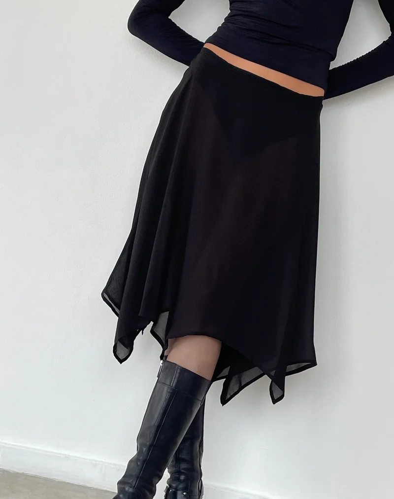 Jupe midi Albertha en mousseline de soie noire