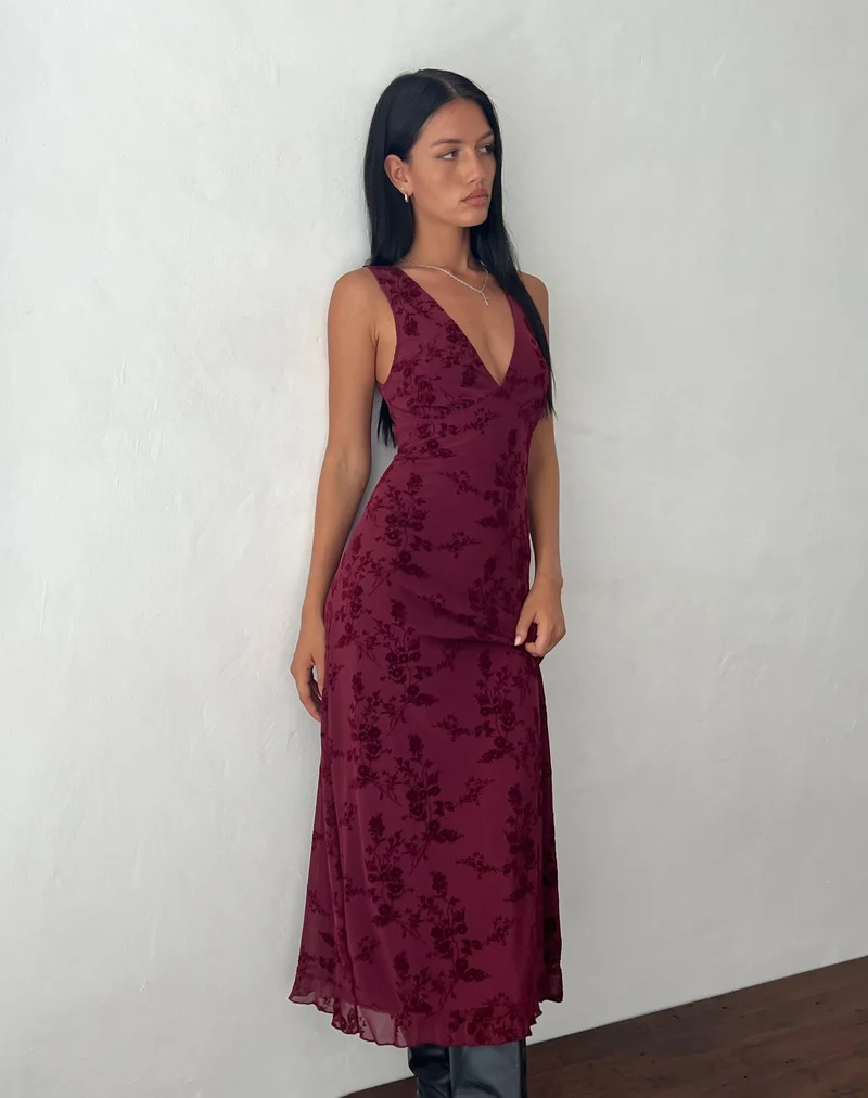 Robe midi Gabriela, Botanical Flower Maroon