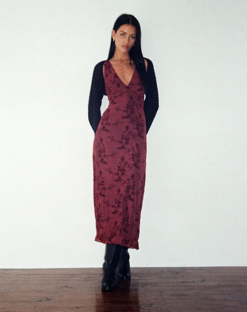 Robe midi Gabriela, Botanical Flower Maroon
