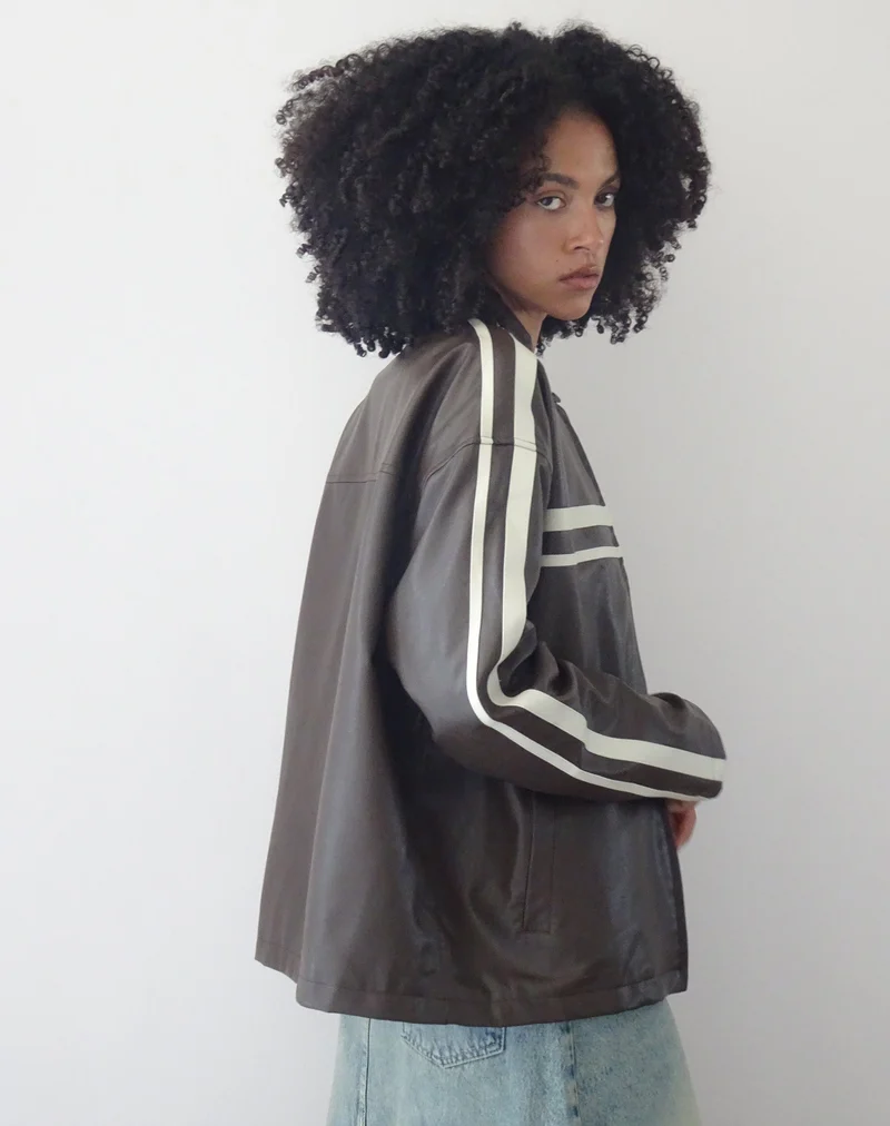 Veste Colton en PU chocolat avec rayures ivoire