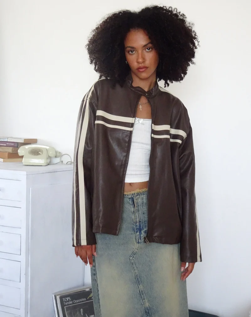Veste Colton en PU chocolat avec rayures ivoire