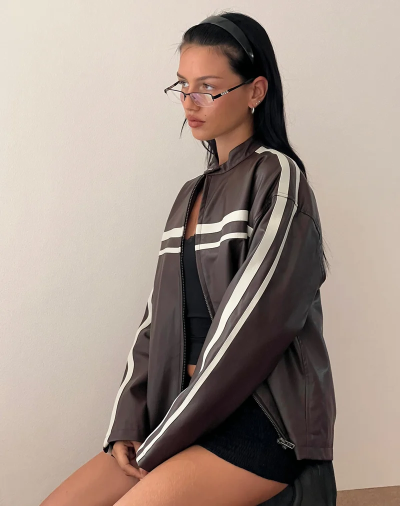 Veste Colton en PU chocolat avec rayures ivoire
