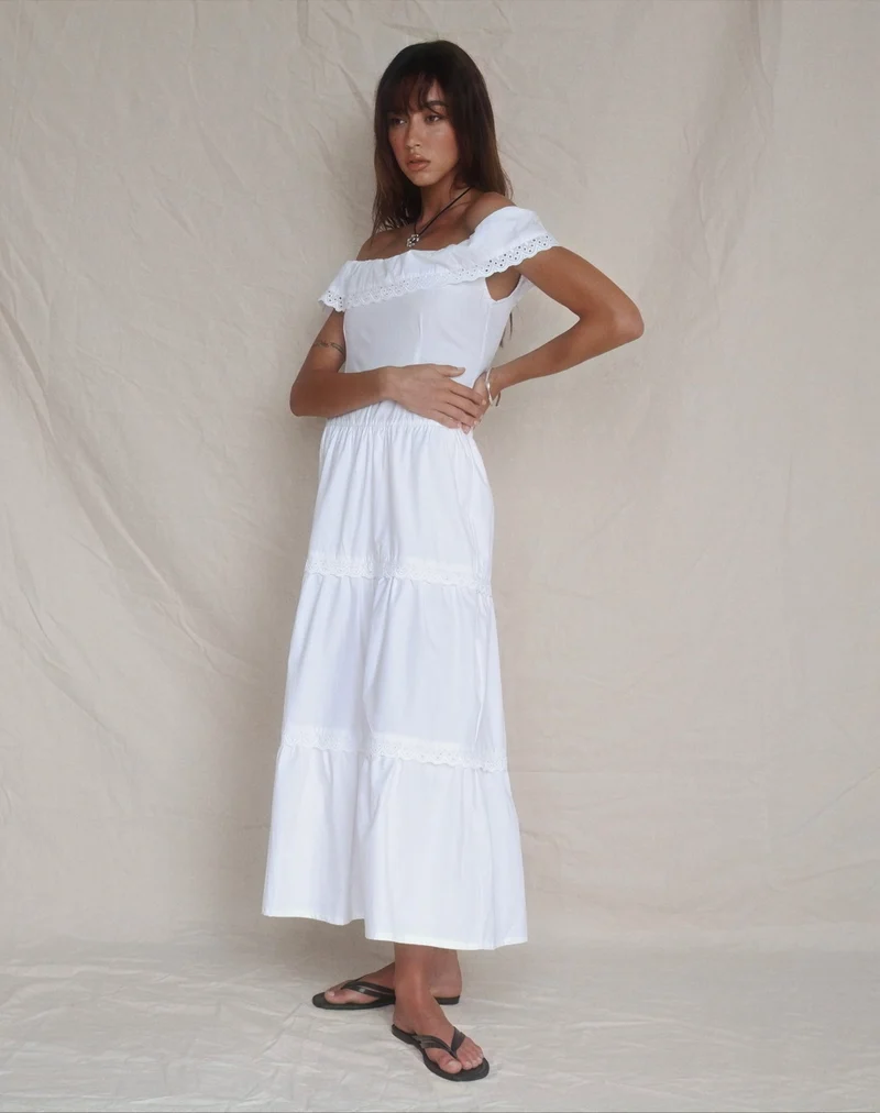 Helpa Tiered Bardot Maxi Dress in White