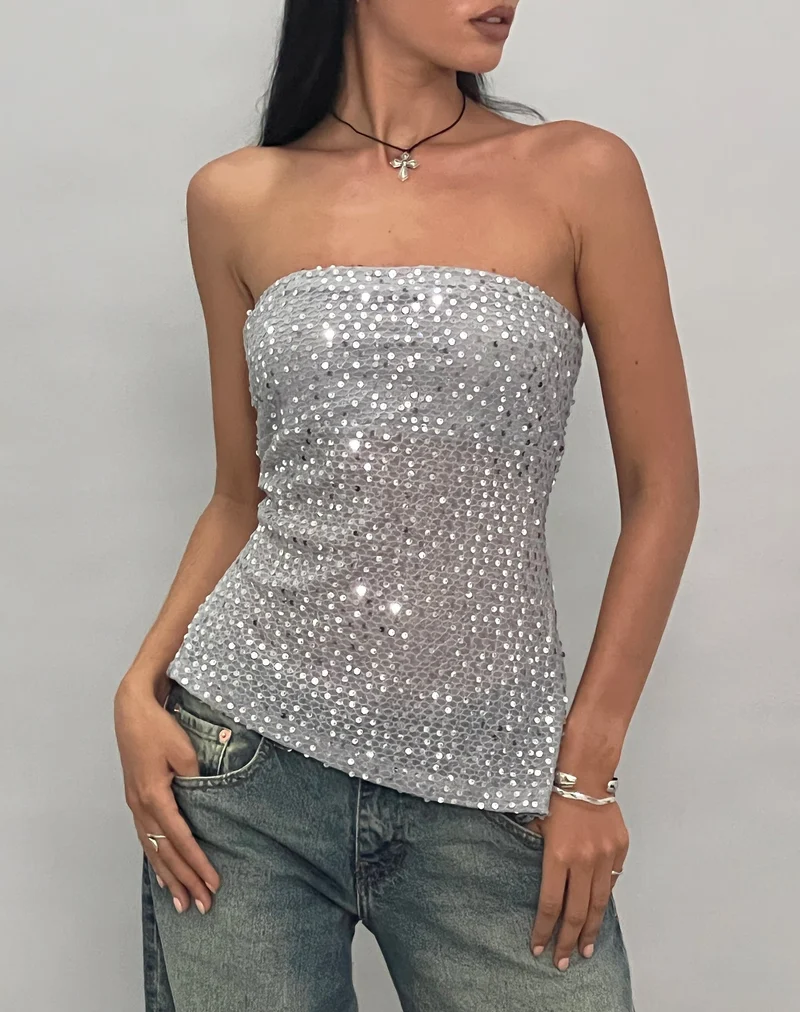 Top bandeau Brilia en maille pailletée argentée
