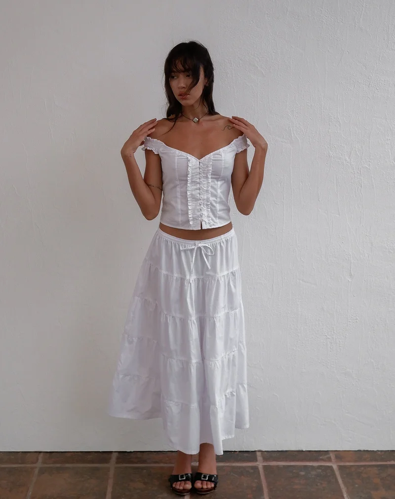 Izumi Tiered Midi Skirt, Poplin White
