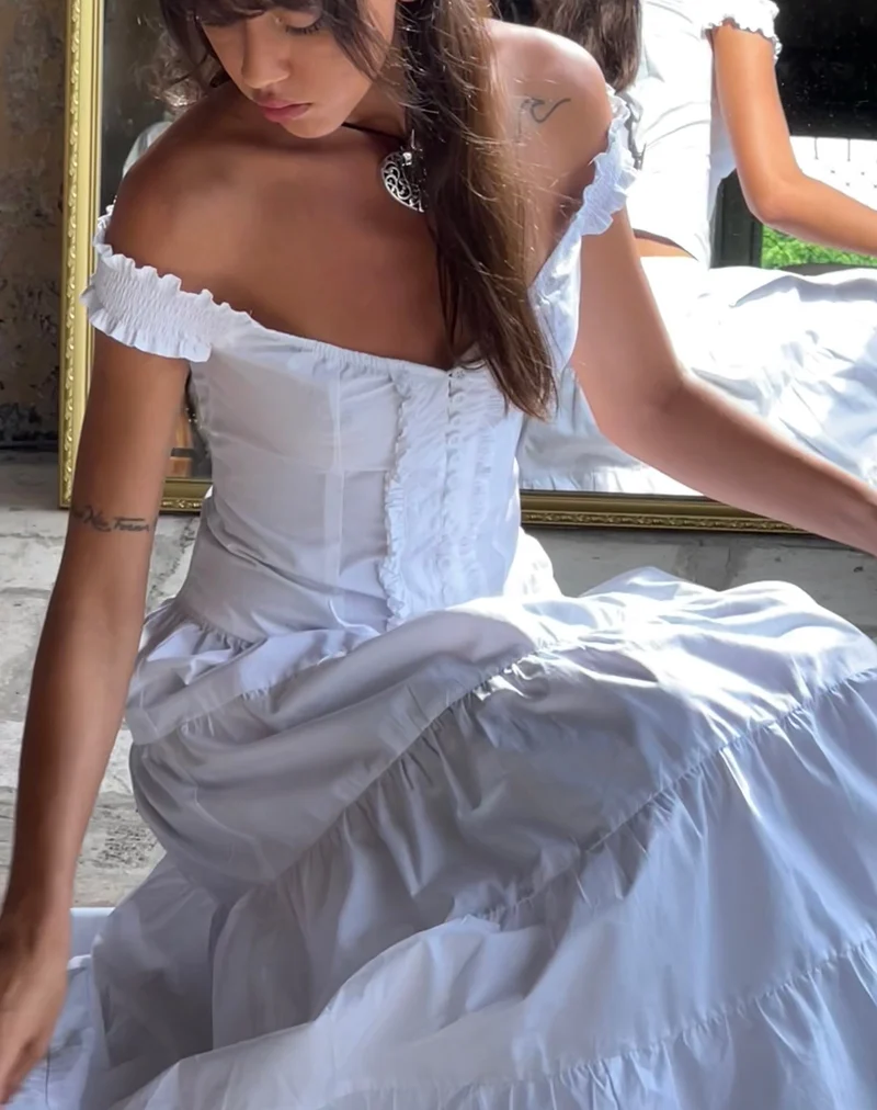 Izumi Tiered Midi Skirt, Poplin White