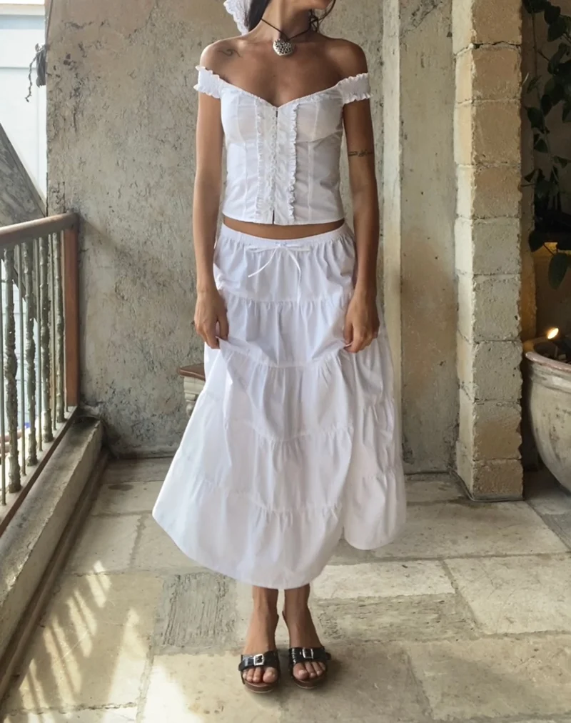 Izumi Tiered Midi Skirt, Poplin White