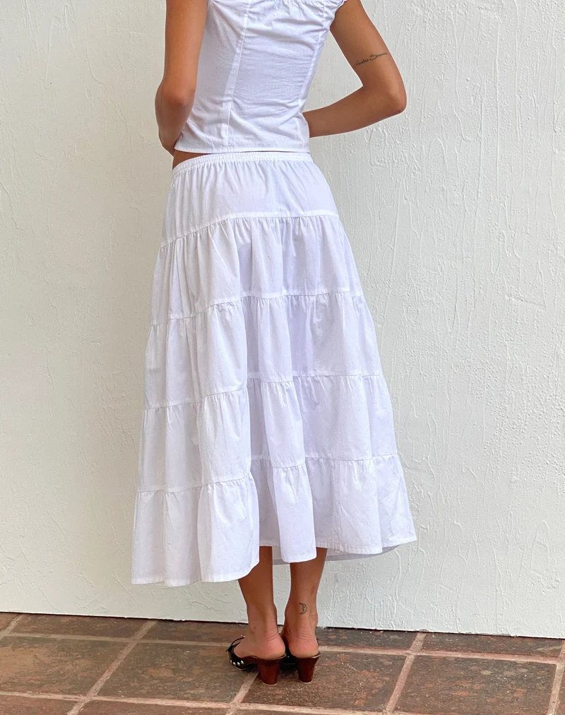 Izumi Tiered Midi Skirt, Poplin White