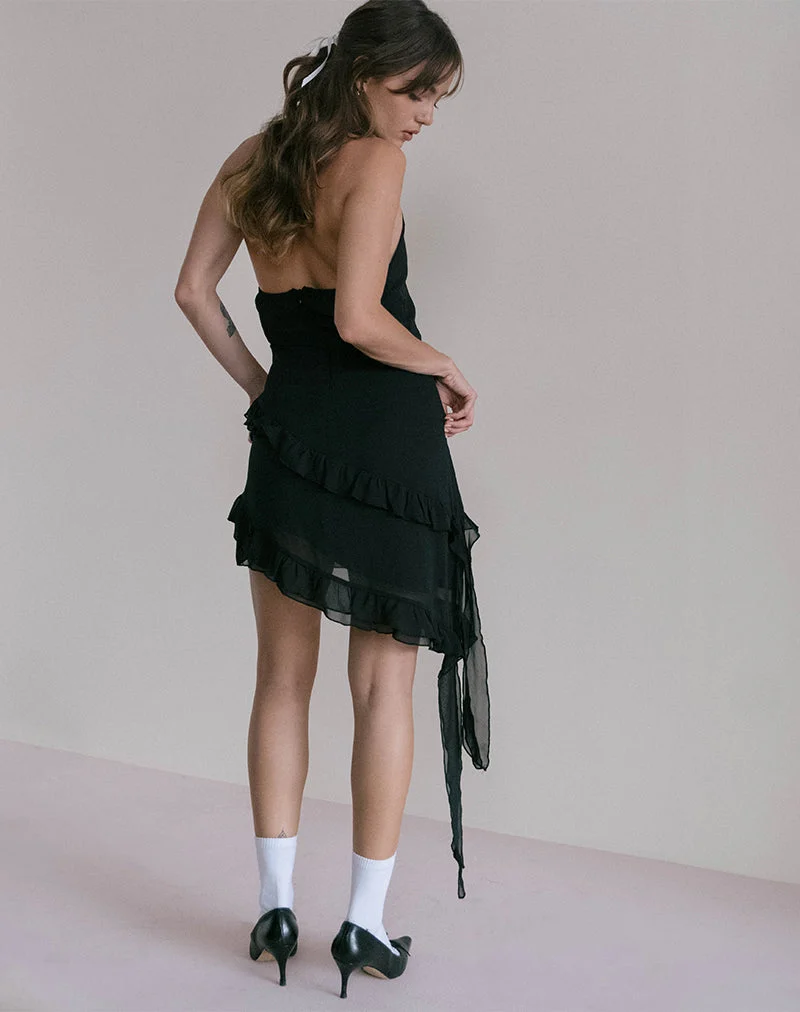 Mini robe à volants Margaret en mousseline de soie noire avec rosette