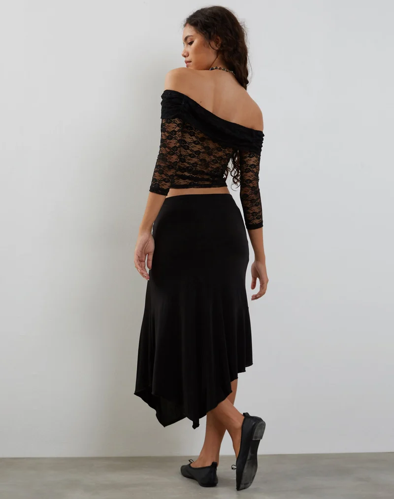 Nixie Long Sleeve Bardot Top in Lace Black (Top bardot à manches longues en dentelle)