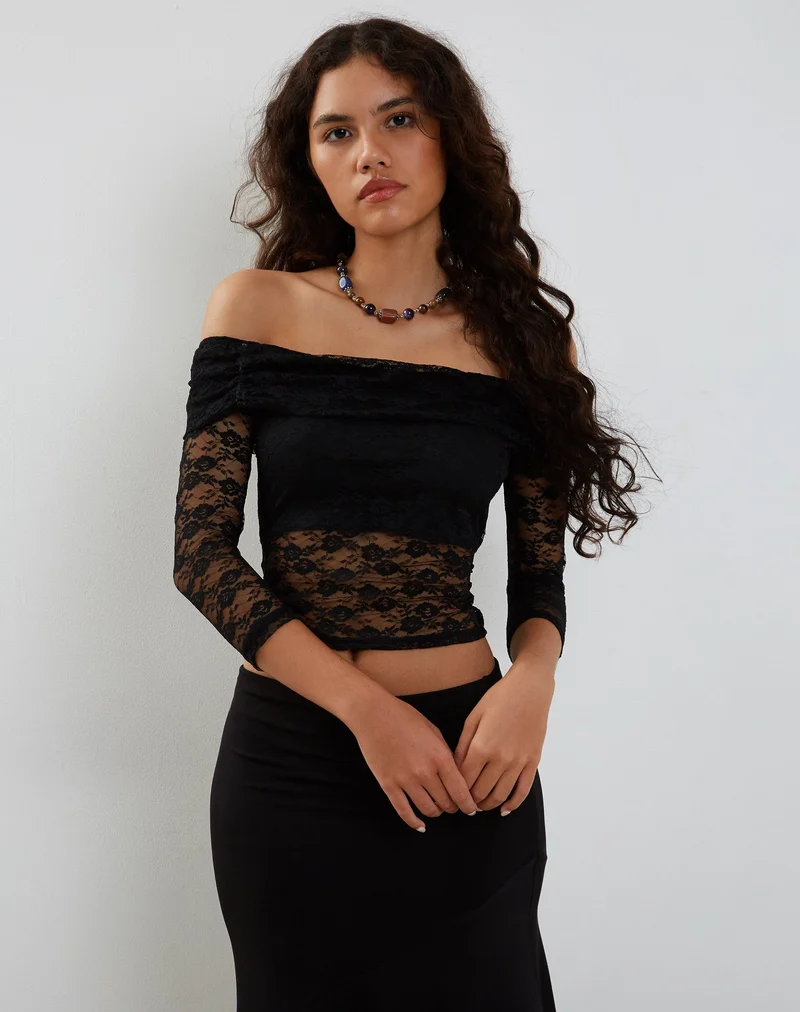 Nixie Long Sleeve Bardot Top in Lace Black (Top bardot à manches longues en dentelle)