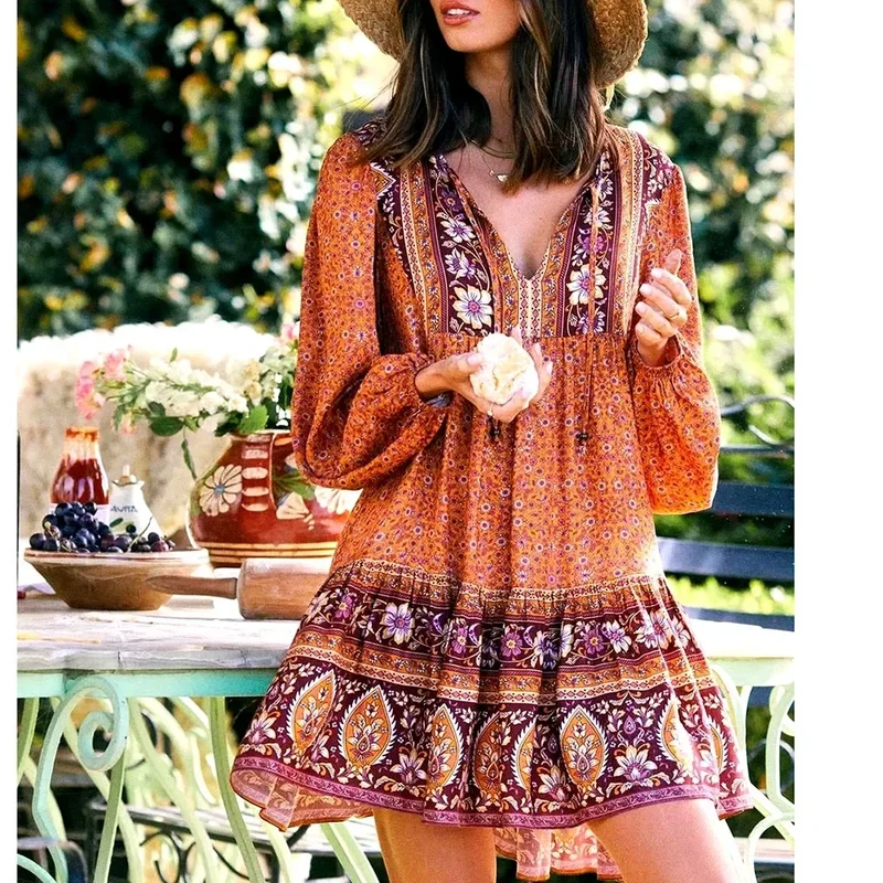 Robe hippie manches longues terracotta