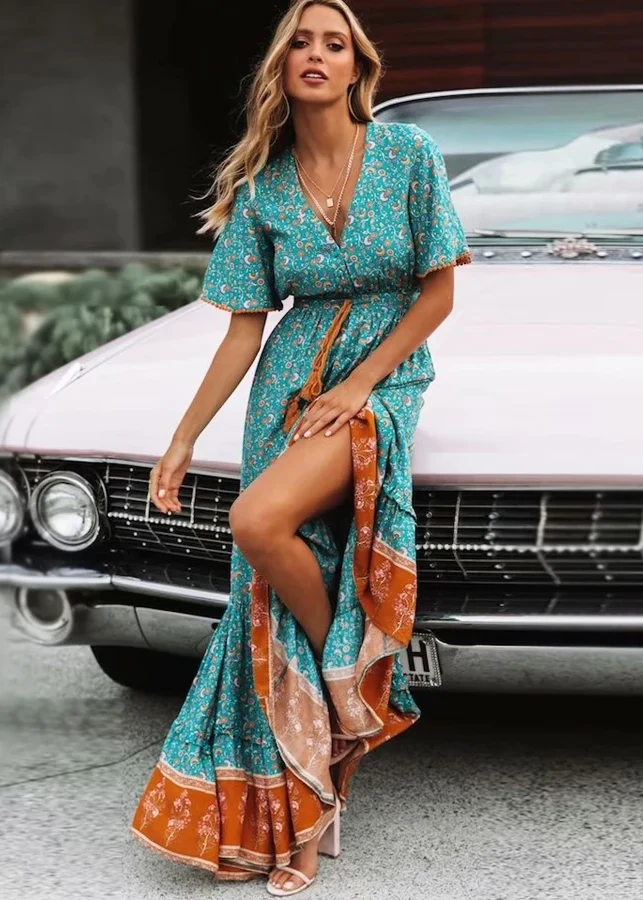 Robe bohème champêtre verte
