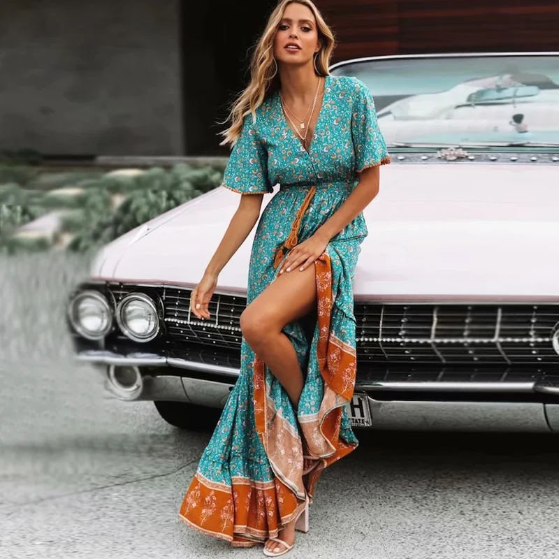 Robe bohème champêtre verte