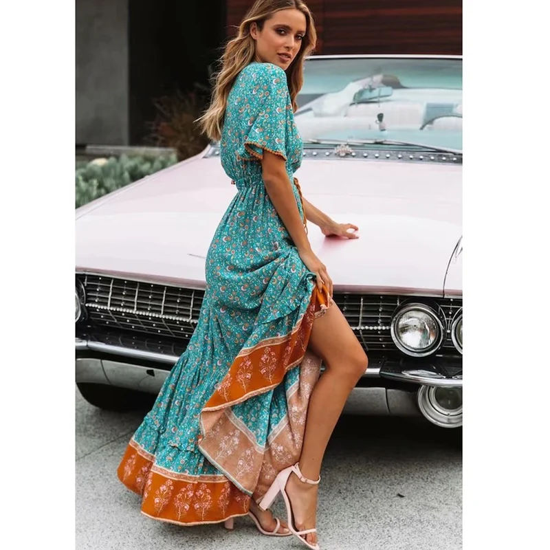 Robe bohème champêtre verte