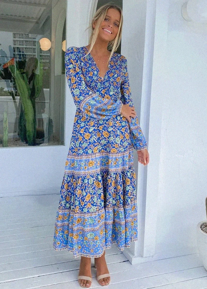 Robe bohème bleue florale manches longues