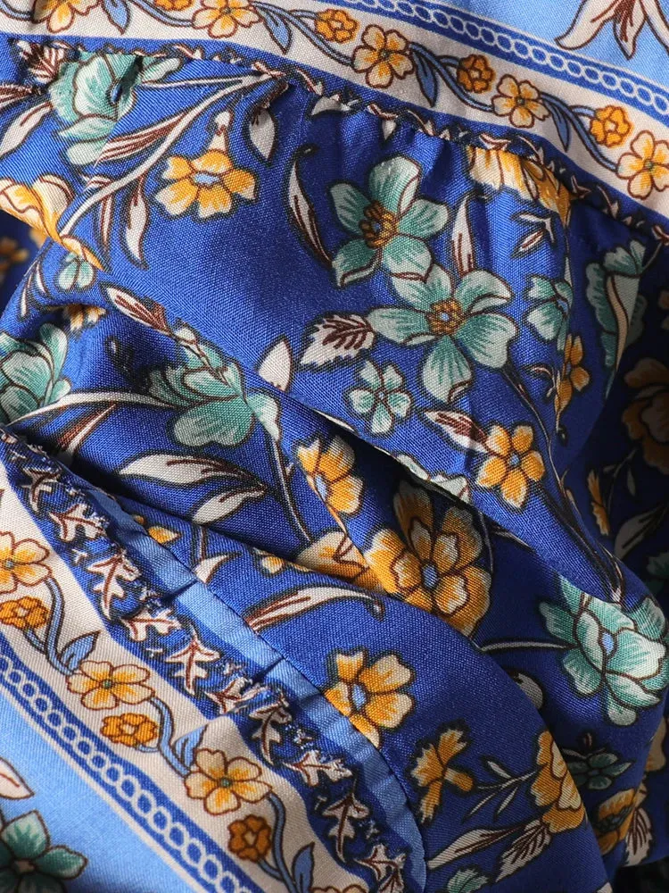 Robe bohème bleue florale manches longues