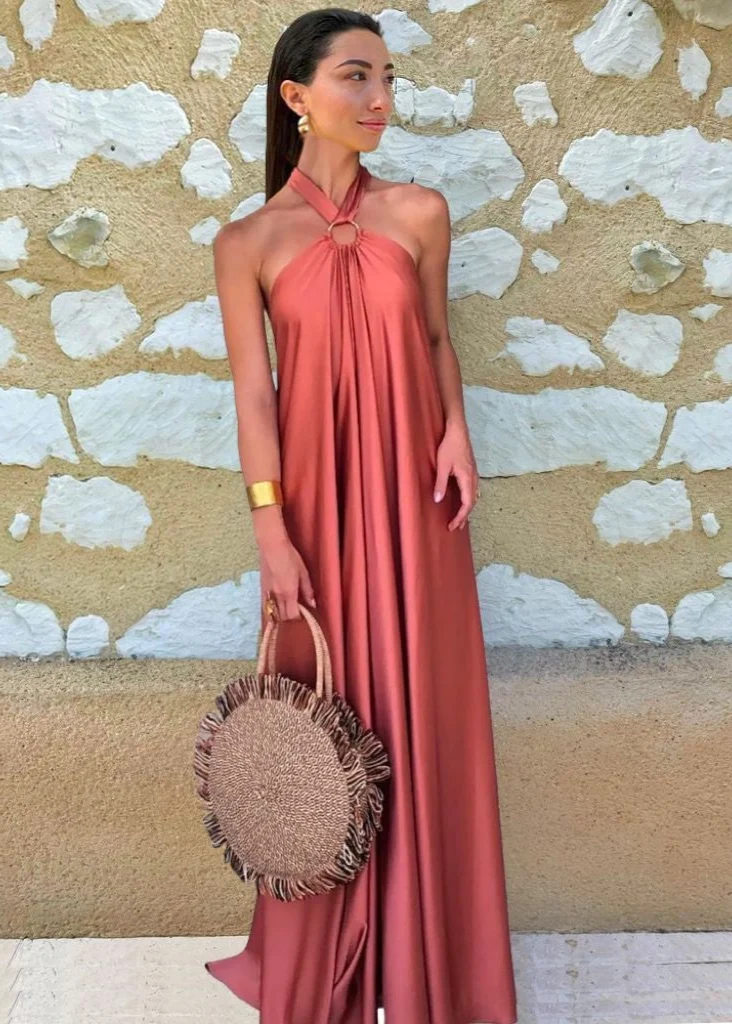 Robe longue satin femme rose chic