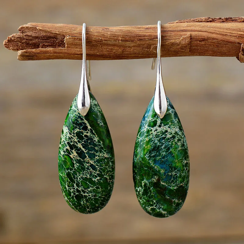 Boucle d'Oreille Goutte Pierre Verte