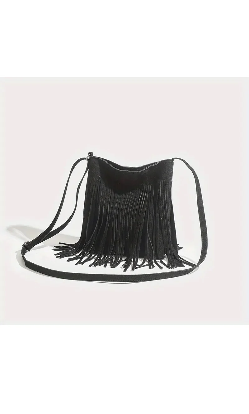 Sac à bandoulière vintage en daim à franges noir