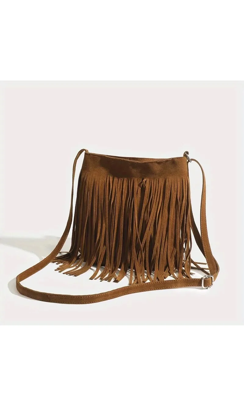 Sac à bandoulière vintage en daim à franges marron