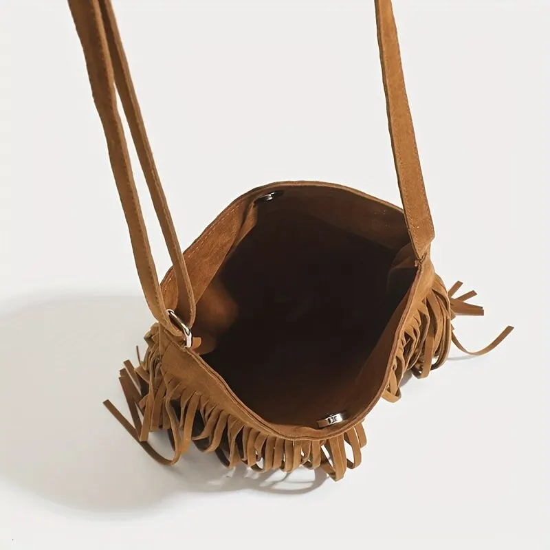 Sac à bandoulière vintage en daim à franges marron