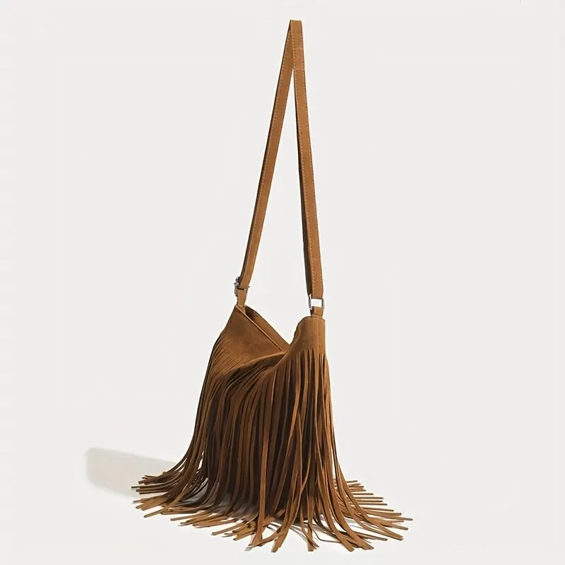 Sac à bandoulière vintage en daim à franges marron