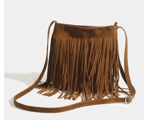 Sac à bandoulière vintage en daim à franges marron