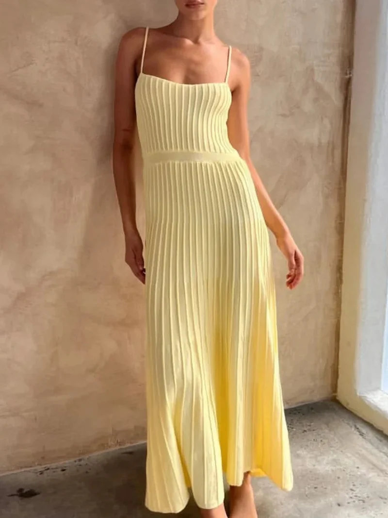 Robe Plissée Longue Été Jaune Poussin