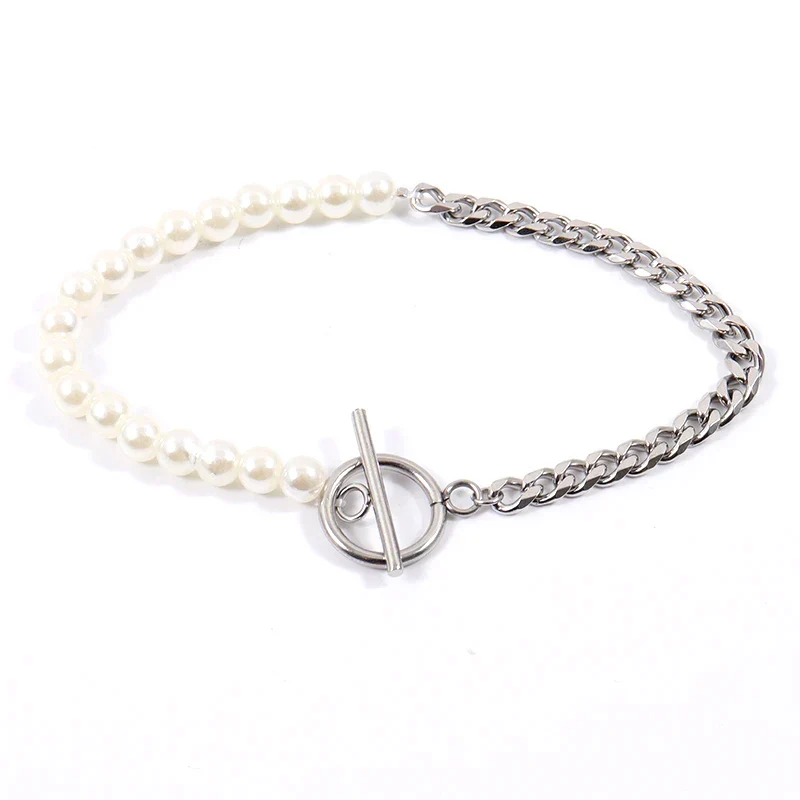 Bracelet de chaîne plaqué argent avec perles blanches