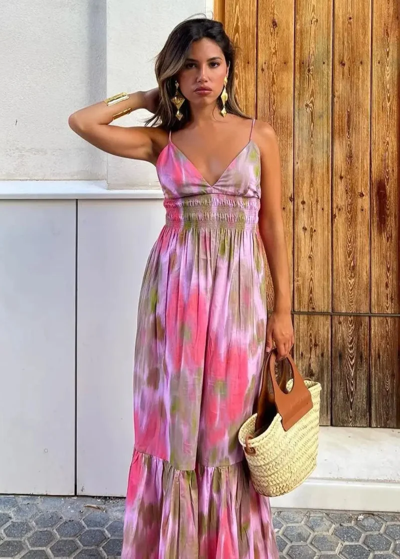 Robe Longue à Bretelles Rose