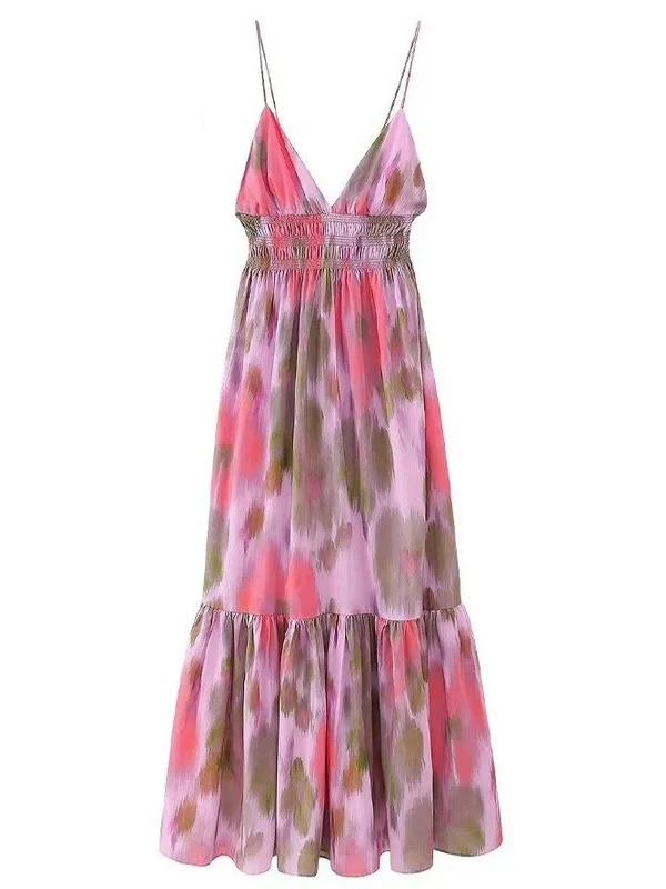 Robe Longue à Bretelles Rose